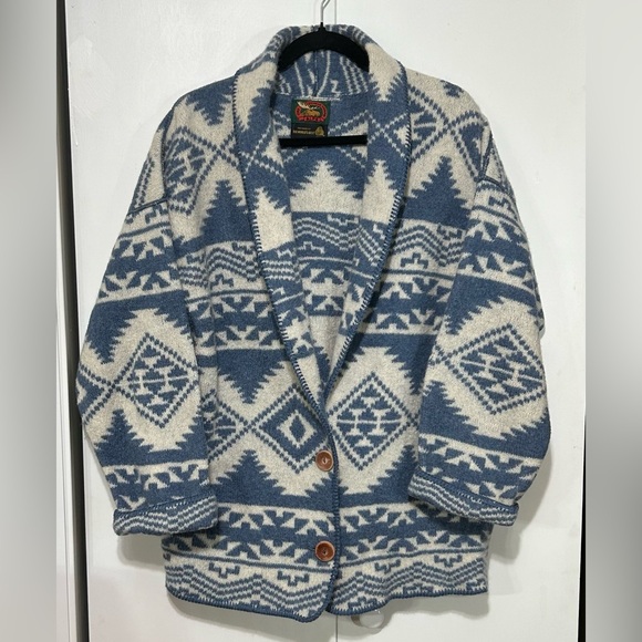 Alps Women Large 100% Wool Blue Cream Southwestern Style Chore Cardigan Jacket - Picture 1 of 9